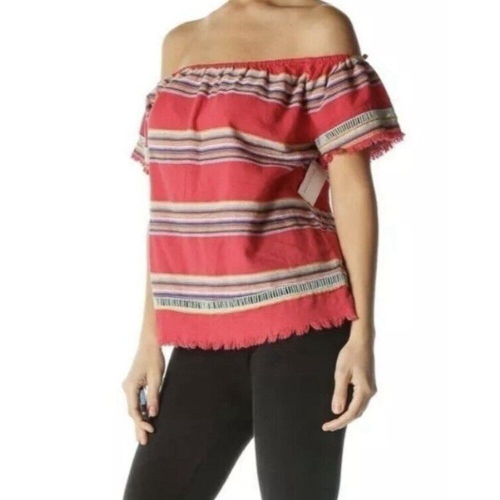 Anthropologie DRA Woven Frayed Raw Stripe Boho Top Large Short Sleeves